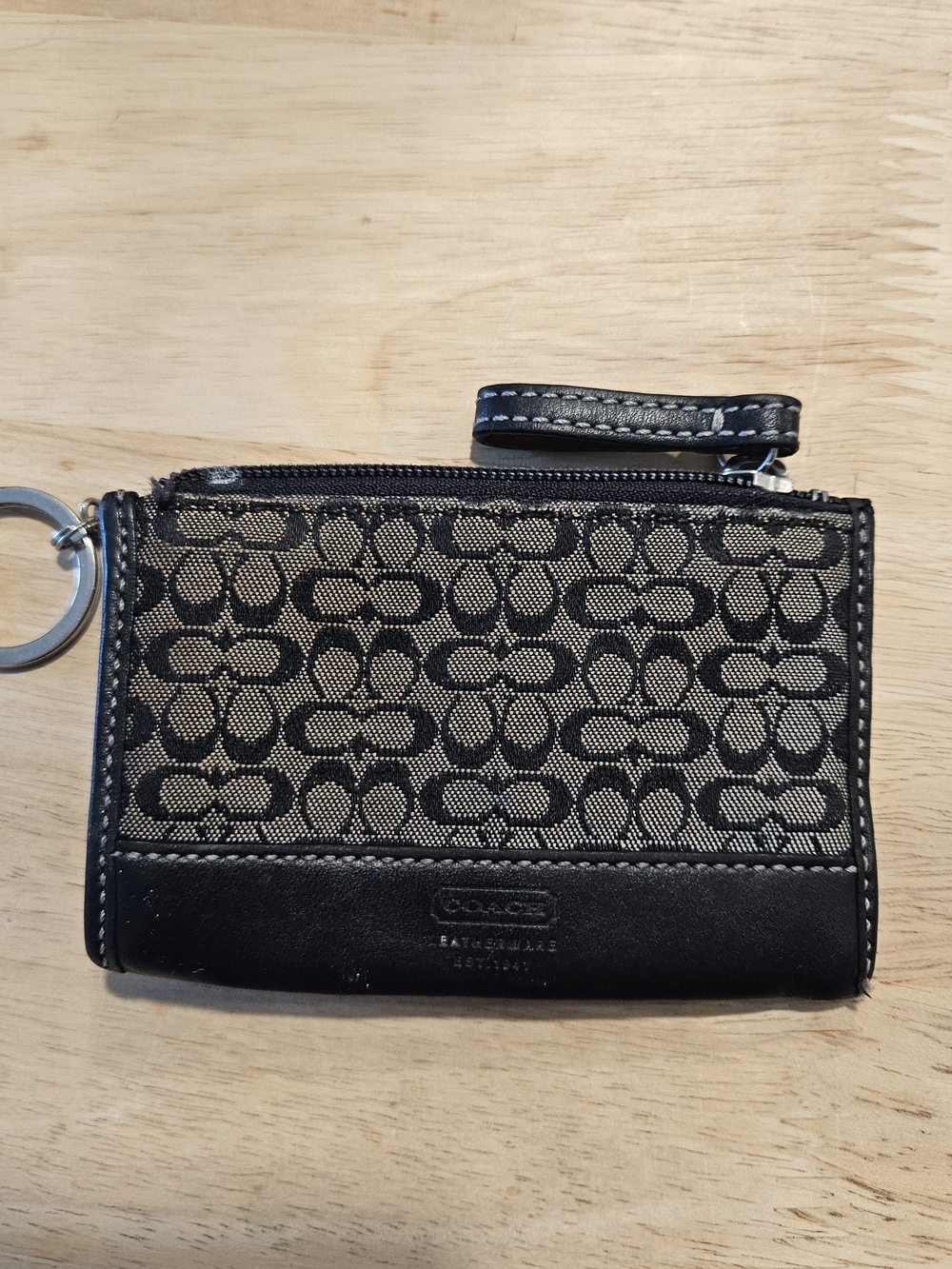Vintage Signature Jacquard Mini Skinny Key Chain Coin Pouch / Card Case
